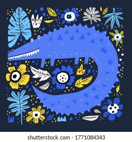 Blue alligator hand drawn flat vector illustration. Cute exotic reptile cartoon character. Funny crocodile, tropical reptile in floral frame isolated on dark background. Childish t shirt print design