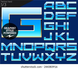 Blue alphabet with golden border. Techno hard File contains graphic styles available in Illustrator. Set 1