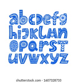 Blue Alphabet hand drawn letters in folk style. Scandinavian Style Font. Ornate blue font, typography set. Bold type capital letters with ethnic decorative brach, leaves, flowers. 