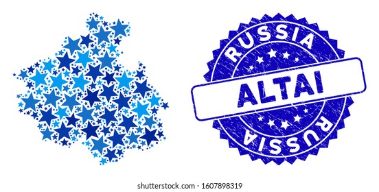 Blue Altai Republic map collage of stars, and distress round stamp seal. Abstract territorial plan in blue color tones. Vector Altai Republic map is designed of blue stars.