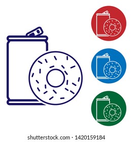 Blue Aluminum can soda and donut icon isolated on white background. Fast food symbol. Set color icon in circle buttons. Vector Illustration