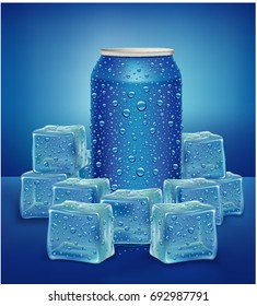 Blue Aluminum Tin Cans in ice cubes with many water drops