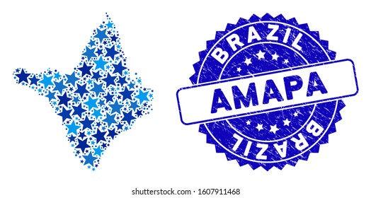 Blue Amapa state map mosaic of stars, and distress round seal. Abstract geographic plan in blue color tints. Vector Amapa state map is designed of blue stars.