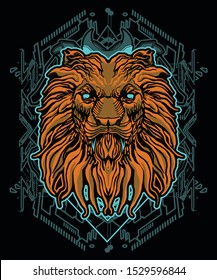 blue amazing lion head vector for poster and t shirt design with sacred geometry background