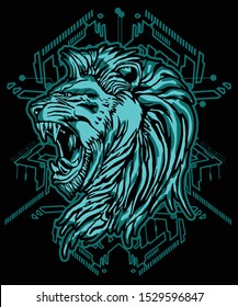 blue amazing lion head vector for poster and t shirt design with sacred geometry background