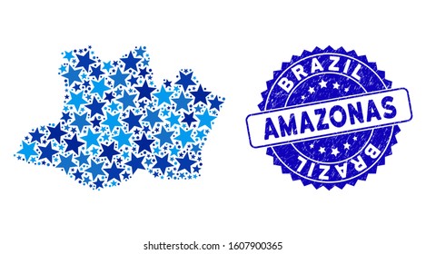 Blue Amazonas State map mosaic of stars, and grunge round seal. Abstract geographic plan in blue shades. Vector Amazonas State map is designed of blue stars.