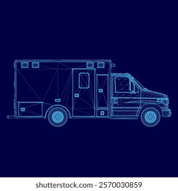 Blue ambulance with a blue background. The ambulance is parked on the side of the road