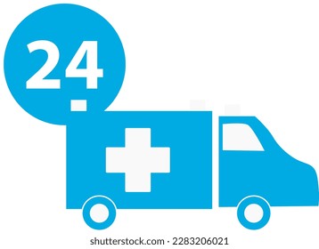 Blue ambulance icon, flat style on white background