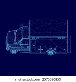 Blue ambulance is shown in a blue background. The ambulance is parked on the side of the road