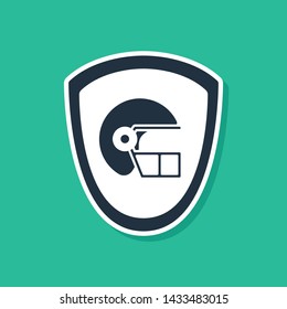 Blue American football helmet and shield icon isolated on green background.  Vector Illustration