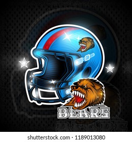 Blue american football helmets with bears head label team on it.