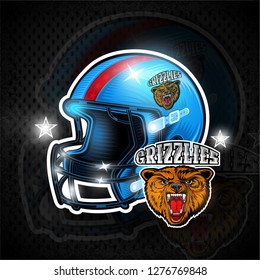 Blue american football helmets with bears grizzlies head label team on it.