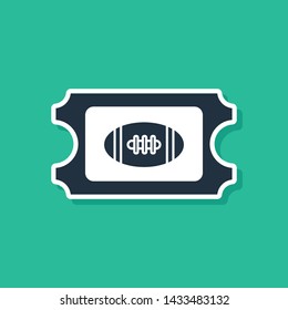 Blue American Football ticket icon isolated on green background.  Vector Illustration