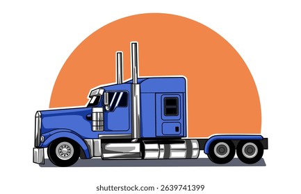 Blue American semi truck from side view with sunset on background. Trucking  drawing vector illustration