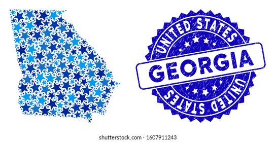 Blue American State Georgia map collage of stars, and textured round seal. Abstract geographic scheme in blue color tinges. Vector American State Georgia map is designed with blue stars.