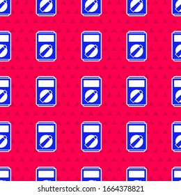 Blue Ampere meter, multimeter, voltmeter icon isolated seamless pattern on red background. Instruments for measurement of electric current.  Vector Illustration