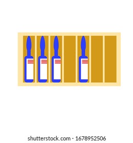 Blue ampoules for injection in beige package. Flat design. Cartoon style. Pharmacy and health care. Medication, pharmaceutical concept. Antibiotic therapy. Pneumonia and coronavirus treat. COVID-19