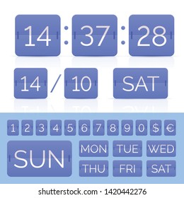 Blue analog flip calendar with flat timer and scoreboard numbers with weeks and monthes. Vector EPS10 illustration