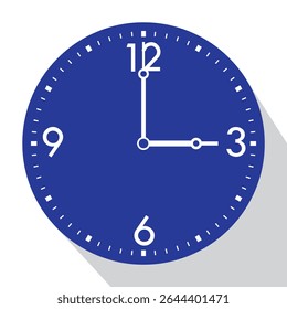 Blue Analog Wall Clock show 3 o'clock, vector illustration isolated, eps