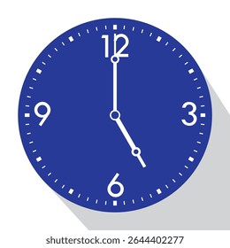 Blue Analog Wall Clock show 5 o'clock, vector illustration isolated, eps