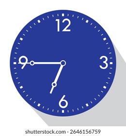 Blue Analog Wall Clock show 6.45 (quarter to seven), vector illustration isolated
