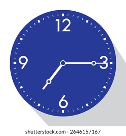 Blue Analog Wall Clock show 7 past 15 (quarter past seven), vector illustration isolated