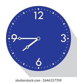 Blue Analog Wall Clock show 7.45 (quarter to ieght), vector illustration isolated