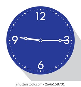 Blue Analog Wall Clock show 9 past 15 (quarter past nine), vector illustration isolated