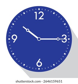 Relógio de parede analógico azul mostrar 10 e 15 (quarto e dez), ilustração vetorial isolada