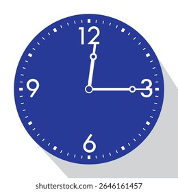 Relógio de parede analógico azul show 12 passado 15 (quarto passado doze), ilustração vetorial isolado
