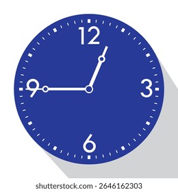 Blue Analog Wall Clock show 12.45 (quarter to one), vector illustration isolated