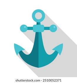 Blue anchor casting long shadow, simple nautical icon in flat design