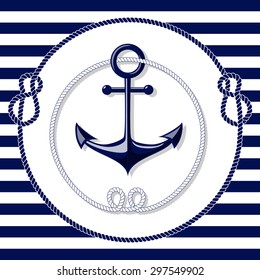 Blue anchor emblem with circle rope frames on white and blue lines background vector illustration