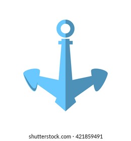 Blue Anchor Isolated on White Background, Flat Design ,Ship Equipment,  Vector Illustration