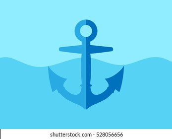Blue anchor with light and dark side color at the sea wave