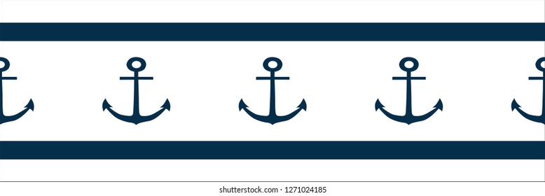 Blue anchor on white background vector seamless border. Perfect for cards and invitations.