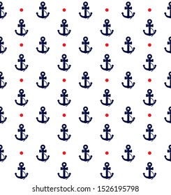 Blue anchor pattern with red polka dots. Nautical background design.