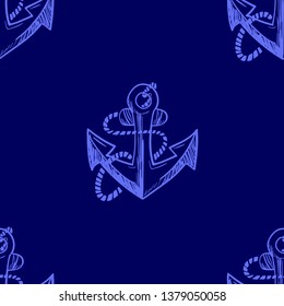 Blue anchor in vintage style. Vector seamless pattern. Retro vector illustration. Graphic modern pattern. Ship anchor, vintage icon. Vector art illustration. Blue background. Line print.