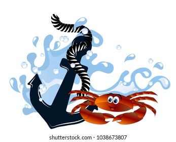 Blue anchor in wave with crab isolated on white background