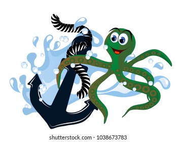 Blue anchor in wave with octopus isolated on white background