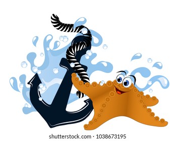 Blue anchor in wave with starfish isolated on white background