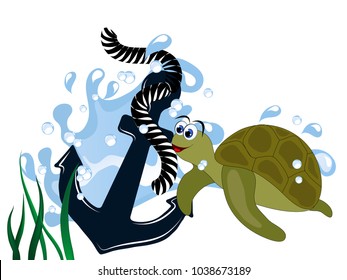 Blue anchor in wave with turtle isolated on white background