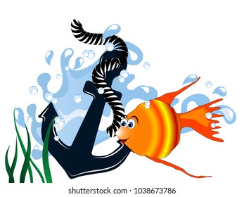 Blue anchor in wavewith fish isolated on white background