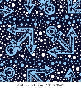 Blue anchors and dots, a seamless striped pattern on the dark blue background. Minimalistic dotted textile design. Marine vector drawing repeat pattern. Endless nautical theme wallpaper. 