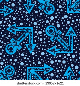 Blue anchors and light blue dots, a seamless dotted pattern on the dark blue background. Minimalistic textile design. Marine vector drawing repeat pattern. Endless nautical theme wallpaper. 