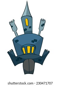 Blue Ancient Castle with Yellow Lighting Windows, Stylized Vector Illustration isolated on a White Background. 