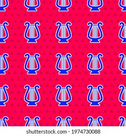 Blue Ancient Greek lyre icon isolated seamless pattern on red background. Classical music instrument, orhestra string acoustic element.  Vector