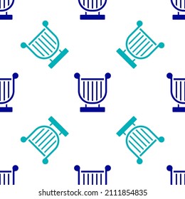 Blue Ancient Greek lyre icon isolated seamless pattern on white background. Classical music instrument, orhestra string acoustic element.  Vector