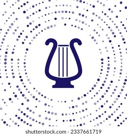 Blue Ancient Greek lyre icon isolated on white background. Classical music instrument, orhestra string acoustic element. Abstract circle random dots. Vector