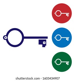 Blue Ancient key for game icon isolated on white background. Set color icons in circle buttons. Vector Illustration